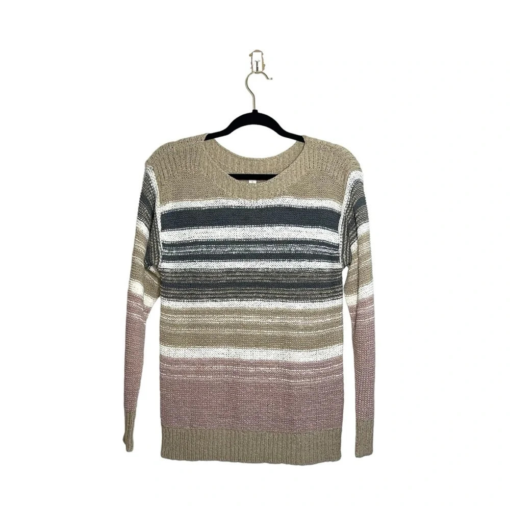 Cato Tan Multicolor Striped Crew Neck Tight Knit Sweater Small Women’s